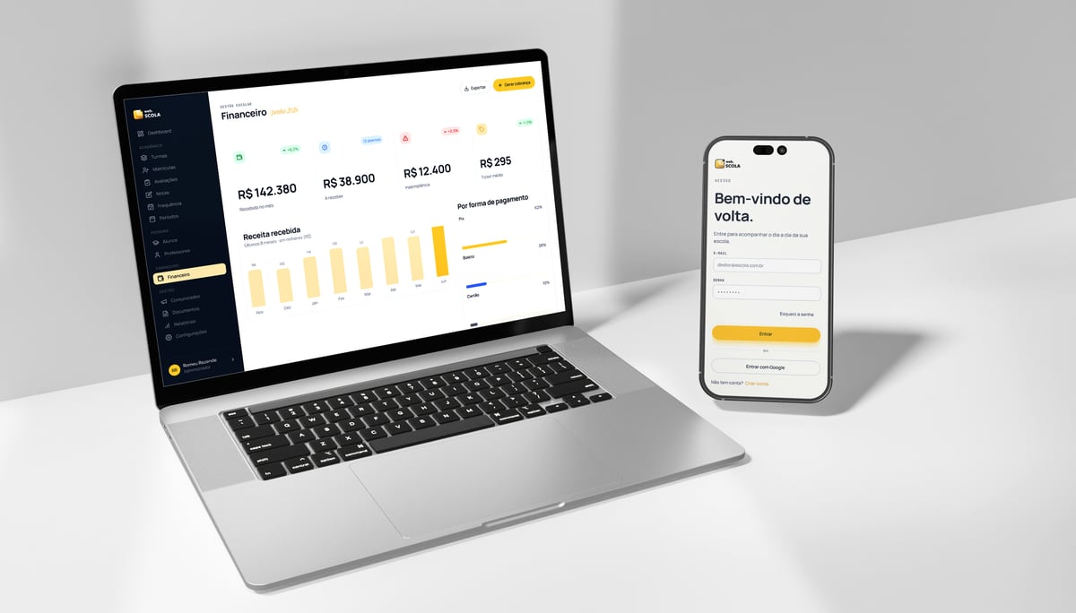 Interface da plataforma Webscola em notebook e celular