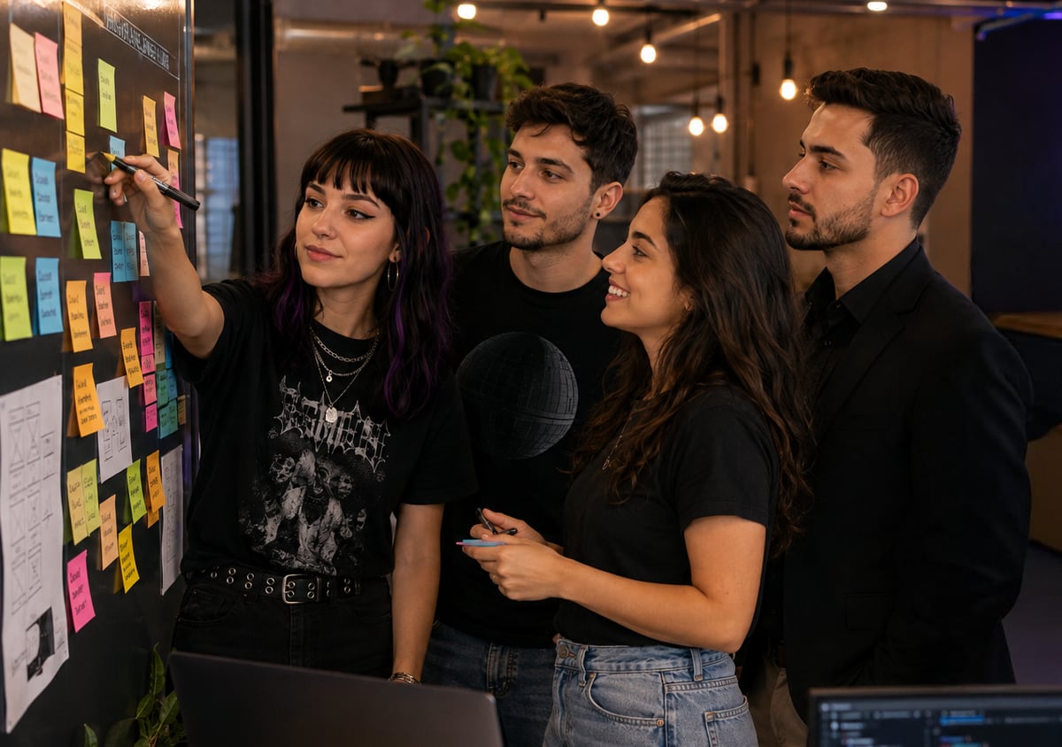 Equipe da YbyraTech em frente a um quadro de post-its, definindo o escopo de um projeto