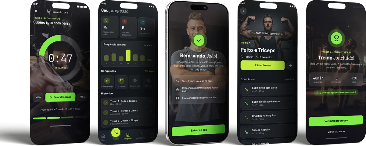 Telas de um aplicativo desenvolvido pela YbyraTech em cinco celulares